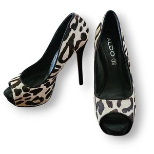 ALDO Flosapa Genuine Leather & Animal Hair Peep Toe Platform Stiletto Heels 6.5